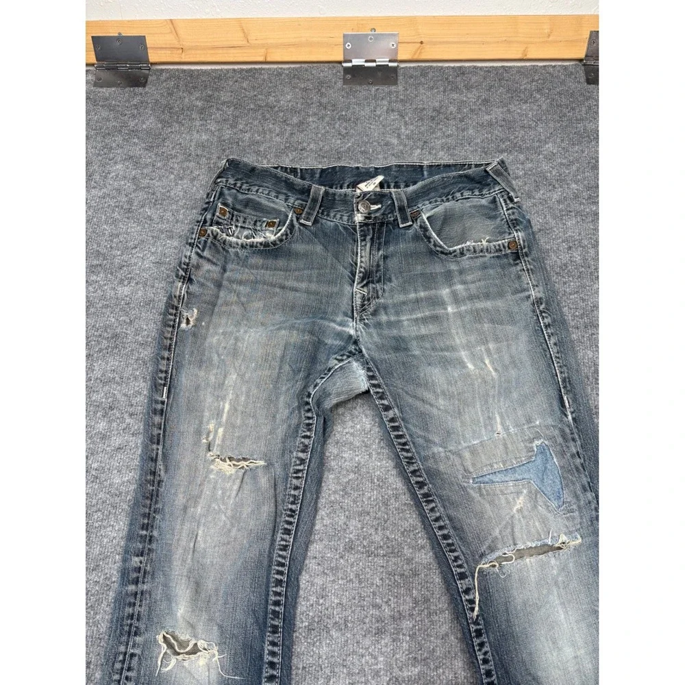 True Religion Straight Leg Distressed Blue Jeans Mens‎ 34 Made in USA Y2K Denim